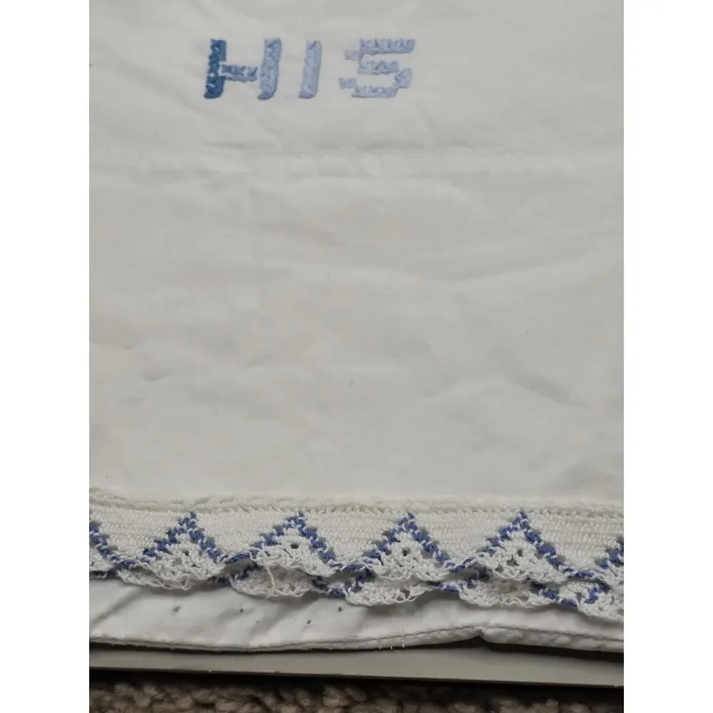 Vintage Embroidered His and Hers Pillowcases Blue Floral Crochet Trim Pair Set